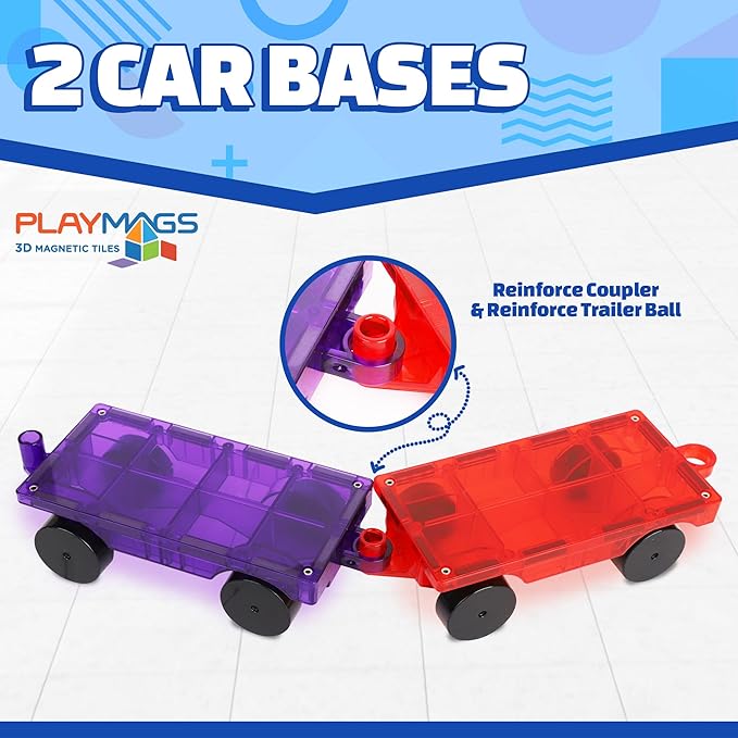Playmags 2 Piece Car Set: with Stronger Magnets, STEM Toys for Kids, Use with All Magnetic Tiles and Blocks Sturdy, Super Durable with Vivid Clear Color Tiles. (Colors May Vary)