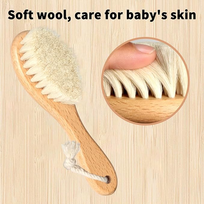 Baby Hair Brush and Comb Set, Wooden Natural Goat Bristles Hairbrush+Comb+ White Cradle Cap Brush Grooming Kit for Newborns Toddlers Boys Girls (Pack of 3)