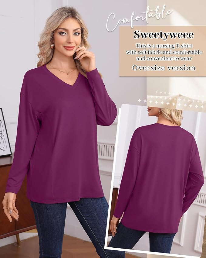 3 Pack Women's Oversize Nursing Shirts for Breastfeeding with Hidden Zippers Loose Fit Long Sleeve Maternity Tops