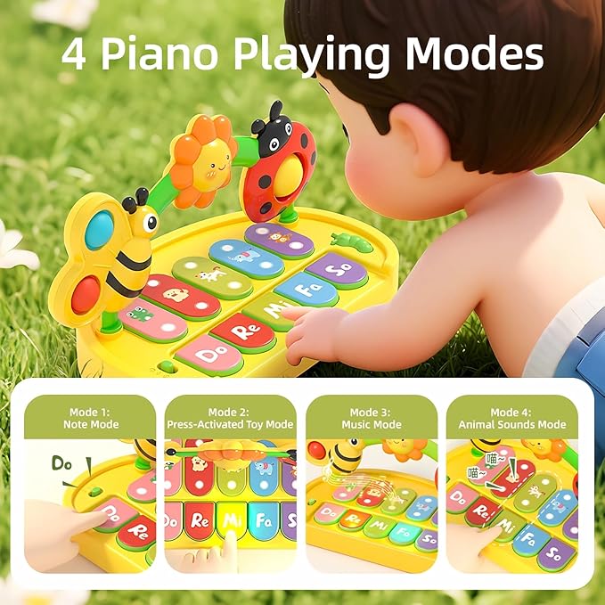 Baby Piano Toy for Kids 0-6-12-18 Months, Light Up Baby Keyboard Musical Toy with Press Pop Bubbles, 4 Modes Toddler Piano for Boys Girls Ages 1-3, Detachable & Portable Infant Toy Gift