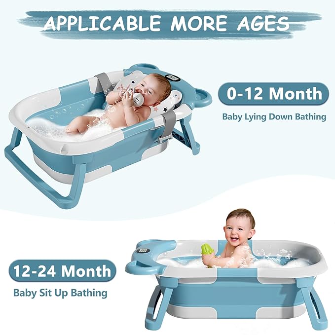 MoreFeel Collapsible Baby Bathtub for Newborn with Thermometer & 1 Hooded Towel & 1 Soft Floating Cushion,Portable Travel Bathtub with Drain Hole, Durable Foldable Baby Tubs for Infants to Toddler