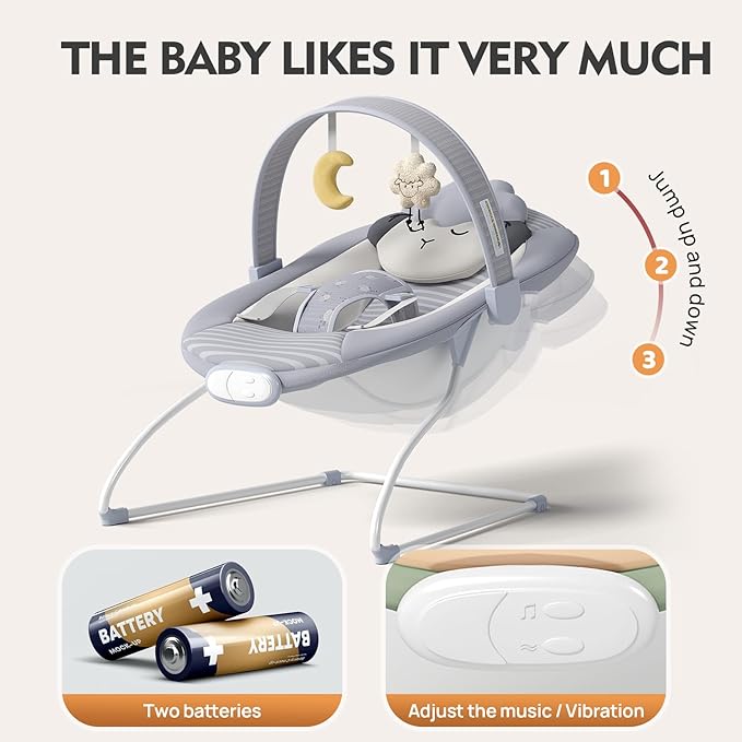 Baby Bouncer Seat, Portable Baby Bouncer, Soothing Vibrations Infant Seat with Music, 0-6 Months 6-20 lbs(Gray)