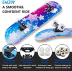 Skateboard,31 x 8 Inch Complete Skateboard, 8-Layer Maple Wood Deck Double Kick Standard Skateboards for Kids, Teens, Adult, Beginner