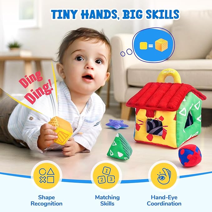 JoyCat Infant Toys 6-12 Months, Soft Sensory Toy with 4 Fabric Shapes, Baby Learning Shape Sorter for 3 4 5 6 7 8 9 10 11 12-18 Months, Baby Shower Birthday Gift Boy Girl