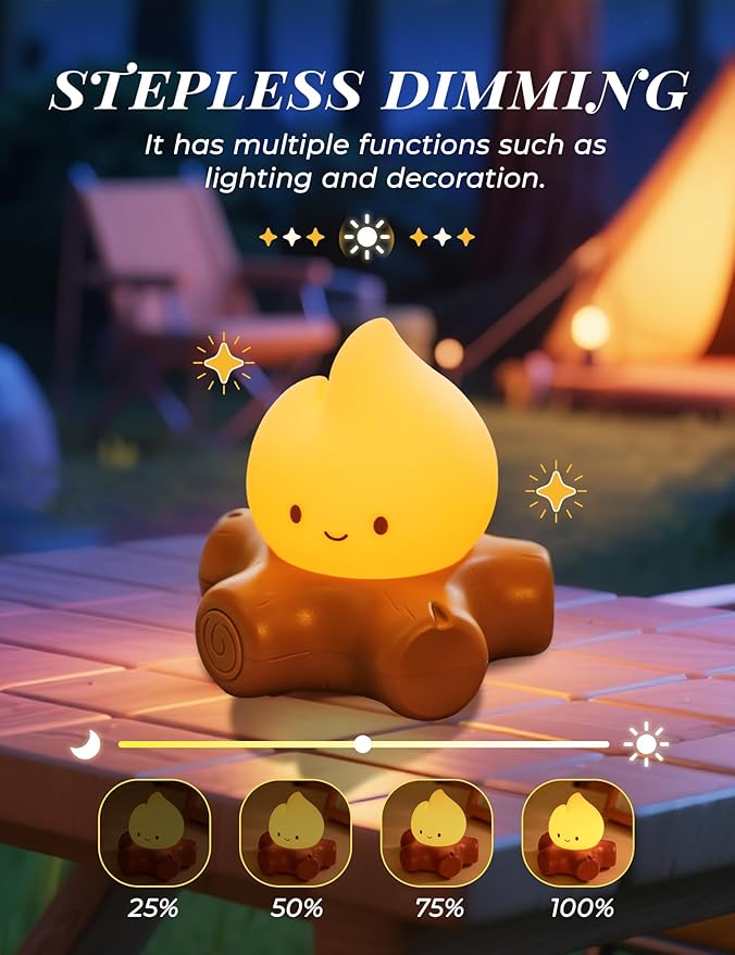 3pcs Campfire Night Light for Kids, Cute Campfire Lamp Gifts, LED Light up Flame Lights, Dimmable, Rechargeable Bedside Nightlight, Baby Nursery Dorm Kawaii Décor Toys Kits