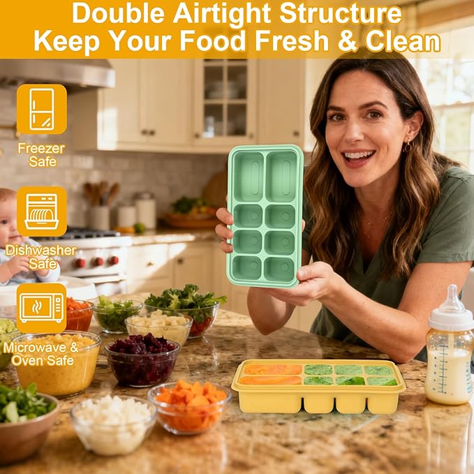 Palksky Silicone Freezer Tray with Lid, Silicone Freezer molds Dual-Size (30/40ml & 70/90ml) Leakproof Individual Seal Rings for Puree, Breast Milk & Homemade Meals (Blue Green Yellow)