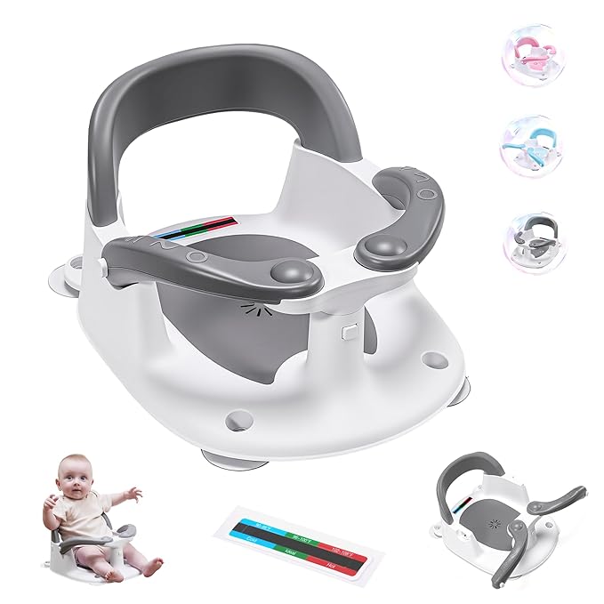 Baby Bath seat for Babies 6 Months & up, 360° Stable Toddler Bath Chair with one-Touch Button, Back Hollow Design, Water Temperature Card & 4 Suction Cups for Safety (Gray)