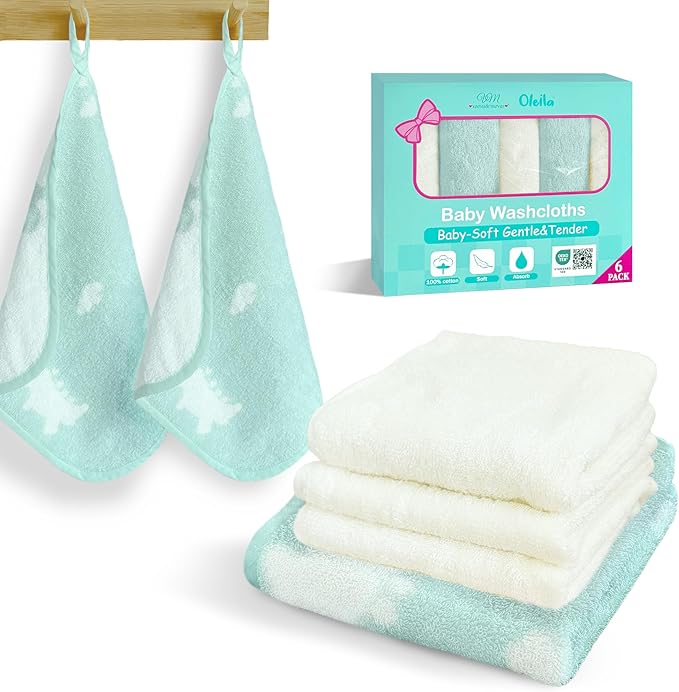 VOOVA & MOVAS 6 Pack 100% Cotton Baby Washcloths | 12x12 Inches | Highly Absorbent | Ultra-Soft Newborn Towels | Perfect Set |Dino & Ivory Colors