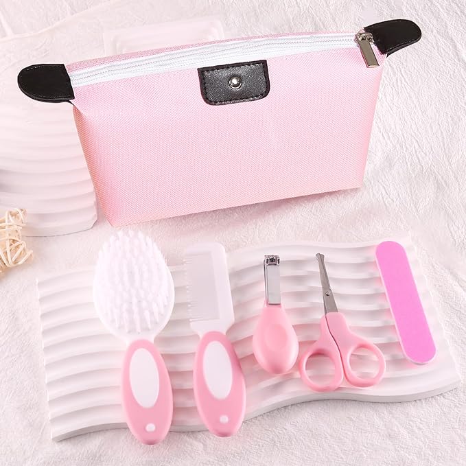 5-Piece Baby Grooming Kit with Multi-Use Storage Pouch - Infant Brush,Rounded Comb,Scissors,Nail Clippers & Emery Board -Essentials for Newborn Care & Travel Pink