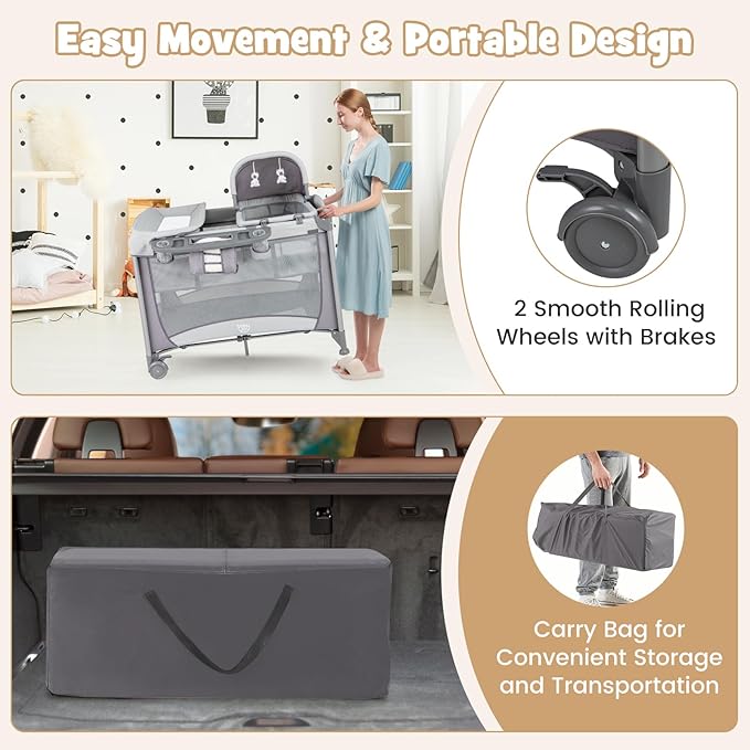 BABY JOY 4 in 1 Pack and Play, Portable Baby Playard with Bassinet & Diaper Changing Table, Infant Bassinet Baby Crib Activity Center with Toys & Oxford Bag from Newborn to Toddlers (Grey, Classic)
