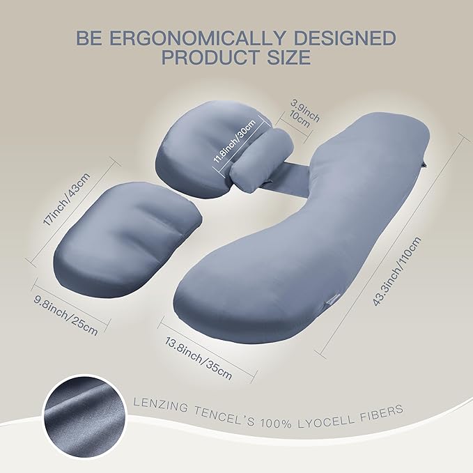 Pregnancy Pillow for Sleeping, Washable 100% Tencel Lyocell Cover, Adjustable H-Shaped Full Body Pillow for Side Sleepers, Silky Breathable, Cooling Maternity Pillow, Pregnancy Must Haves, Dark Blue