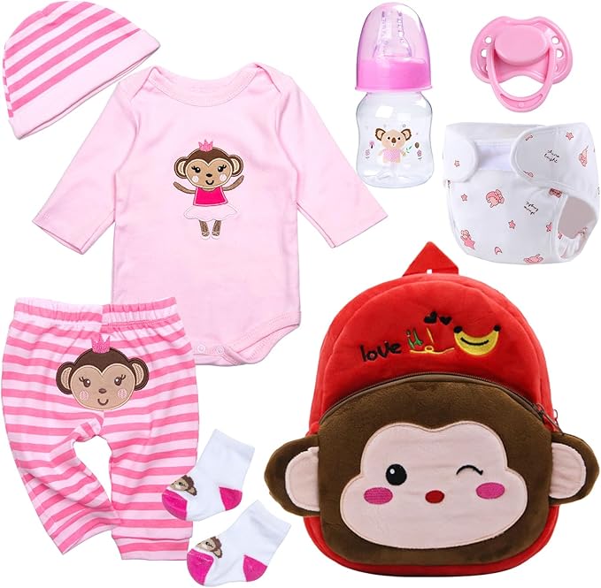 8 Pcs Reborn Baby Doll Clothes with Cute Monkey Backpack for 17-22 Inch Babydolls, Baby Doll Accessories and Clothes Outfit fit Newborn Girl