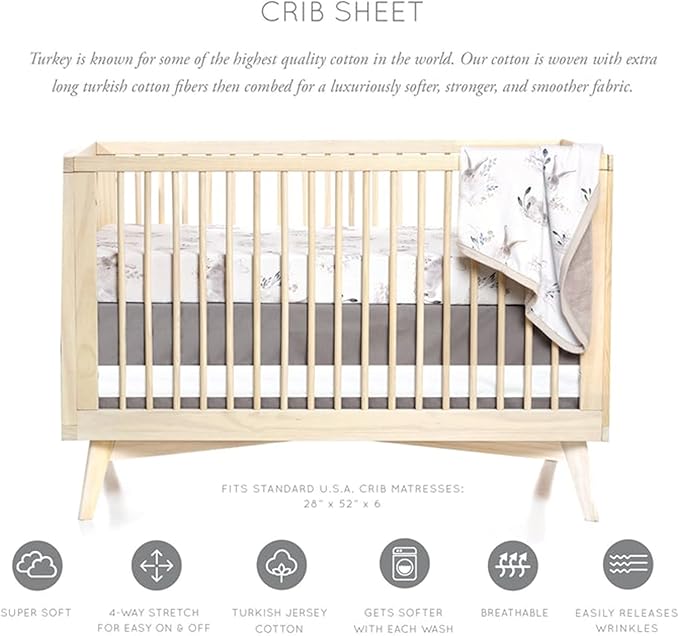 Oilo Crib Sheet, Breathable, Fitted, Turkish Cotton Jersey, 300 Thread Count, Machine Washable, Fits Standard Crib (28" x 52" x 6"), Toddler Bedding, Girl, Boy, & Neutral Design, Cottontail Bunny