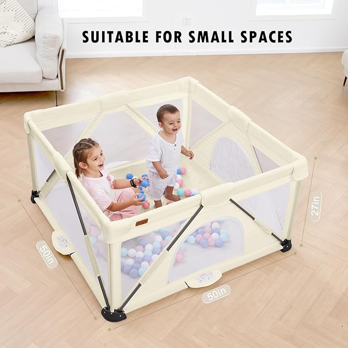 Baby Playpen Foldable, Playard for Babies and Toddlers, Portable Playpen Activity Center with 50 Balls+2 Handles for Travel, Indoor & Outdoor Play Pen with Mesh 50''x50''