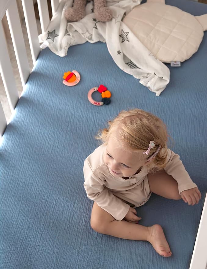 Momcozy Muslin Mini Crib Sheets Fitted - 38''x26'' Pack and Play Sheets for Pack N Play Mattress, 2 Pack Soft & Breathable Natural Cotton Non Slip Bed Cover for Boys, Girls, Grey Blue