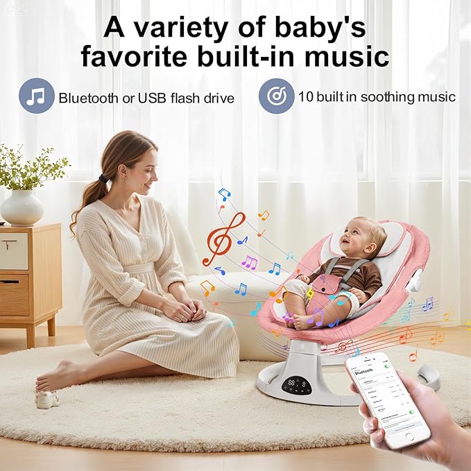 Baby Swing for Newborn to Toddler, 5 Speed Portable Infant Swing with Bluetooth Touch, Remote Control, 10 Lullabies, Timer, 5 Point Harness and Soft Fabric (Pink)