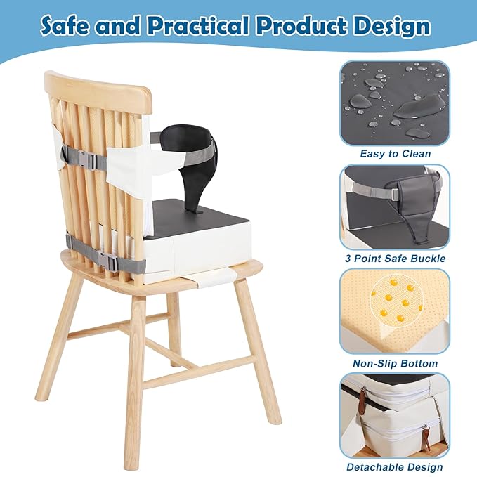 Toddler Booster Seat for Dining Table Kitchen Chair, Waterproof Non-Slip with Backrest & Adjustable Straps, Portable PU Travel Baby Kids Booster Seat Cushion