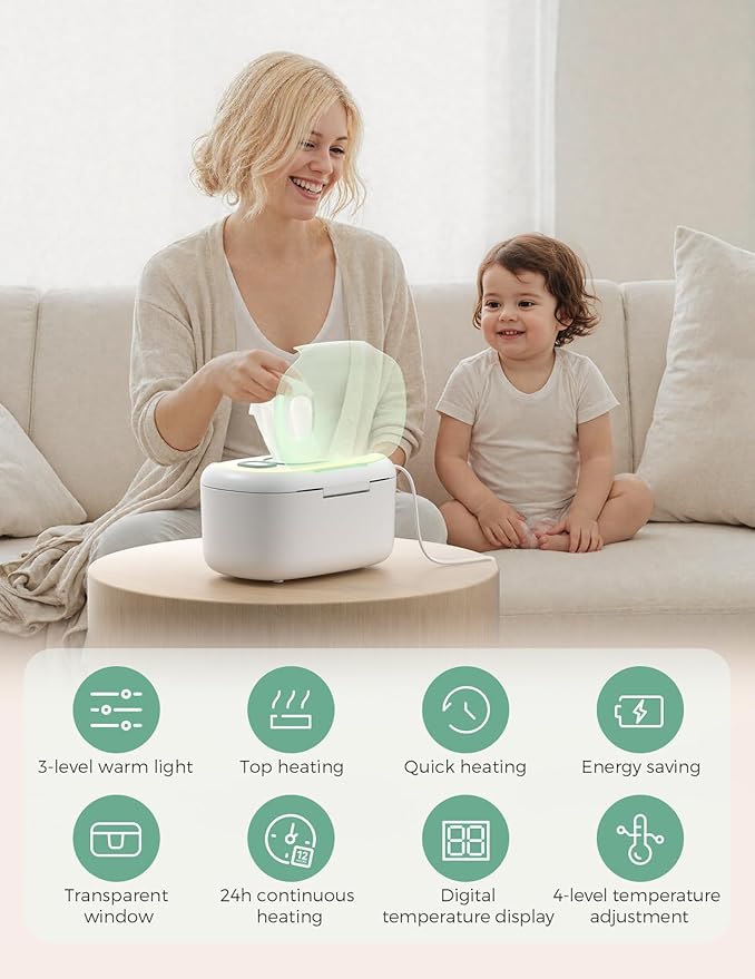 Momcozy New Baby Wipe Warmer, Large Capacity Wipe Dispenser Compatible with 60-80pcs,10-Min Fast Heating,4 Temperature Modes,Innovative Spring Design,Silicone&Top Seals,Even Heating,3-Level Nightlight