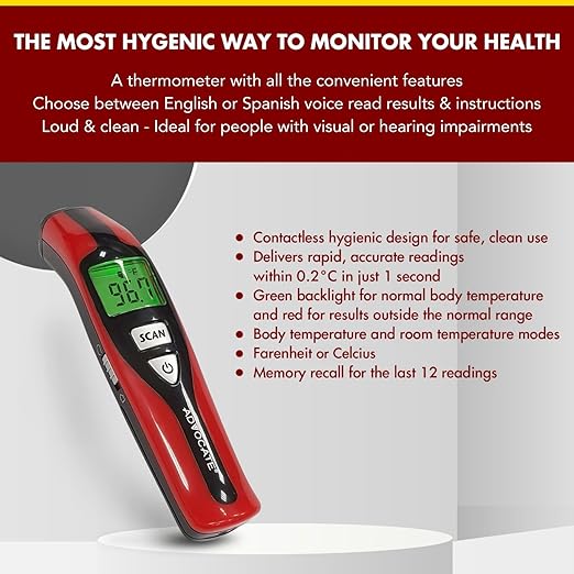 Advocate Non Contact Touchless Speaking Thermometer for Adults, Kids & Babies – Digital Infrared Thermometer – Clinical Results-Speaks English and Spanish