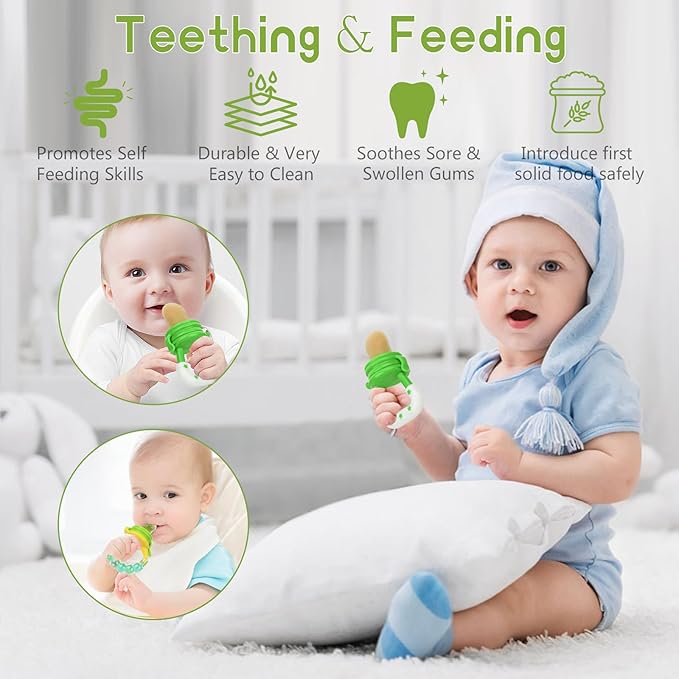WAJIAYON Baby Fruit Feeder Pacifier - 12 Pack | 2 Infant Food Feeder Pacifier & 1 Babies Food Dispensing Spoon | Fresh Fruit Teethers for Babies | Silicone Feeder Baby,Infant Teething Feeders(Green)
