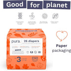 Pura Hypoallergenic Diapers, Size 3 (9-20 lbs) Monthly Pack, Overnight, up to 12 Hours Leak Protection, Suitable for Sensitive Skin, TCF, Super Soft Organic Cotton, 6 Packs of 26 (156 Baby Diapers)