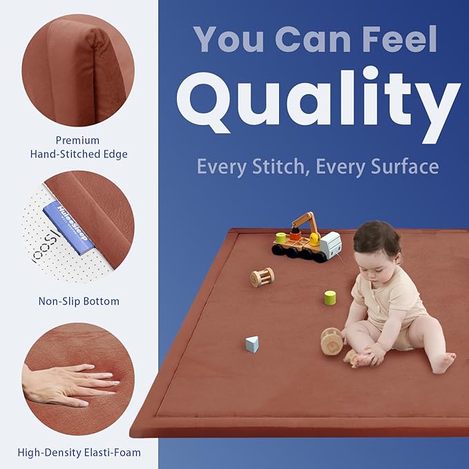 Baby Play Mat for Floor,1.3" Thick Memory foam Tummy Time Mat,Water Repellent Soft Coral Velvet Nursery Rug,Extra Large Non Slip for Crawling,Toddlers,Infants,kids,Tatami Style for Living Room(Brick)