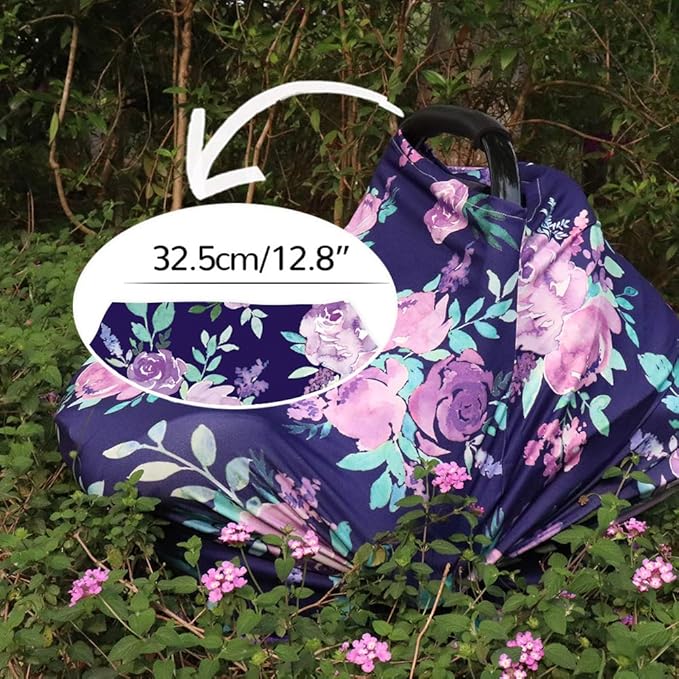 Carseat Cover Girls, Multiuse - Nursing Breastfeeding Covers, Purple Flower Theme, Car seat Canopy, Stretchy Soft Breathable