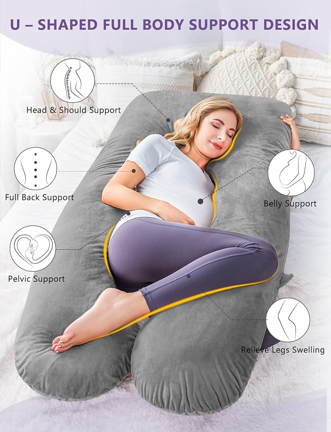 Meiz Pregnancy Pillow, U Shaped Pregnancy Body Pillow with Zipper Removable Cover (Gray- Velvet)