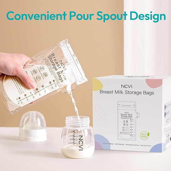 NCVI Breastmilk Storage Bags, 180 Count Milk Storage Bags for Breastfeeding, 7oz Breast Milk Storage Bags with Temp-Sensing, Doubled-Sealed, Hygienically, Self Standing, Easy Pour Spout, BPA Free
