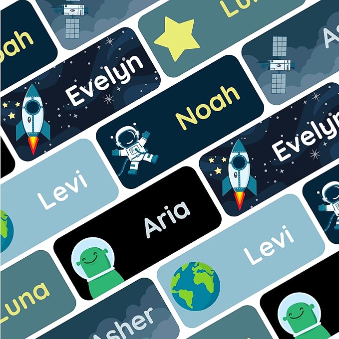 Personalized Name Labels for Kids (180) – Custom Waterproof & Durable Stickers for Clothing, Daycare, Office & School Supplies - Space