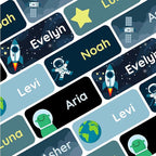 Personalized Name Labels for Kids (60) – Custom Waterproof & Durable Stickers for Clothing, Daycare, Office & School Supplies - Space
