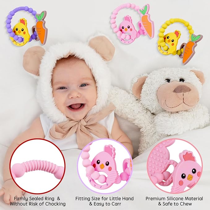 Teething Toys, Cute Easter Egg & Hen Colorful Teetning Toy Baby Toy 0-6 Months Infant Teething Toy, Baby Easter Birthday for Baby Teething Toy with Egg Toys
