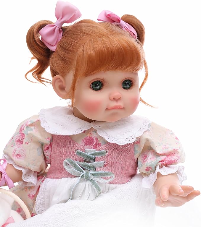 Baby Doll, 18 Inch Realistic Reborn Toddler Real Life Baby Dolls with Vintage Floral Dress, Little Bear & Woven Basket, Premium Collectible Doll Gifts for 3+ Year Old Girls