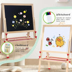 Foldable Kids Painting Easel Double Sided Chalkboard & Magnetic Whiteboard Wooden Art Easel Adjustable Height with Accessories Gift for Toddlers and Kids Ages 3-8