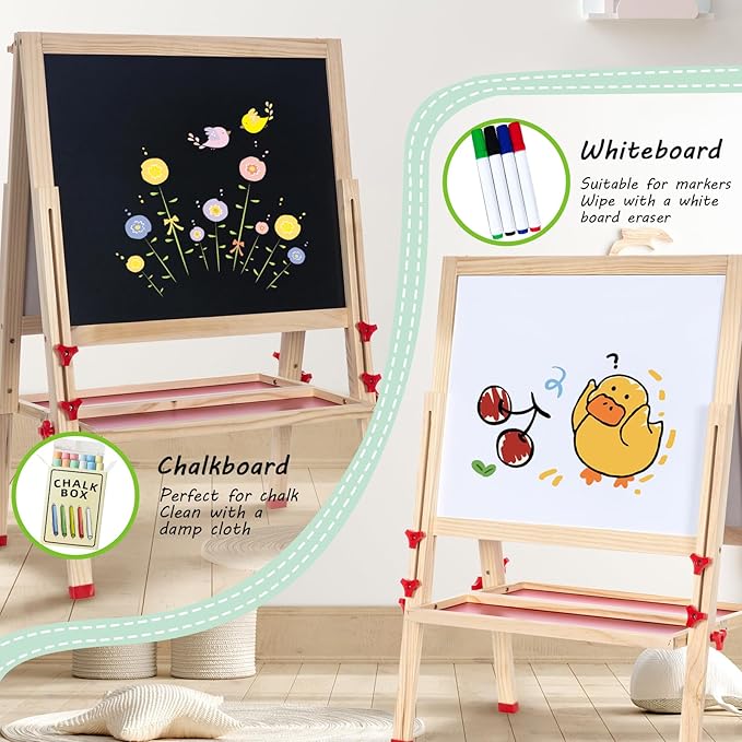 Foldable Kids Painting Easel Double Sided Chalkboard & Magnetic Whiteboard Wooden Art Easel Adjustable Height with Accessories Gift for Toddlers and Kids Ages 3-8