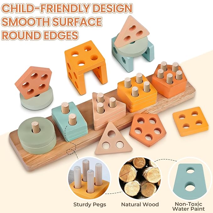 Montessori Baby Toys for 1 Year Old, Wooden Musical Instruments for Toddlers 1-3, Infant Sensory Teether, Stacking Toy Shape Sorter, Neutral Color Educational Birthday Gift for Kids 3+ (8 IN 1)