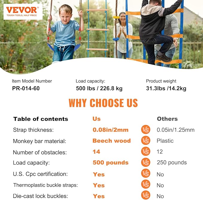 VEVOR Ninja Warrior Obstacle Course for Kids, 2 x 60 ft Weatherproof Slacklines, 500lbs Weight Capacity Monkey Line, Outdoor Playset Equipment, Backyard Toys Training Equipment Set with 14 Obstacles