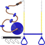 Hungdao 2 Set Gym Ring Trapeze Swing Bar and Climbing Rope with Platforms Disc Heavy Duty Coated Chains Seat Accessories for Outdoor Indoor Playground Backyard(Blue)