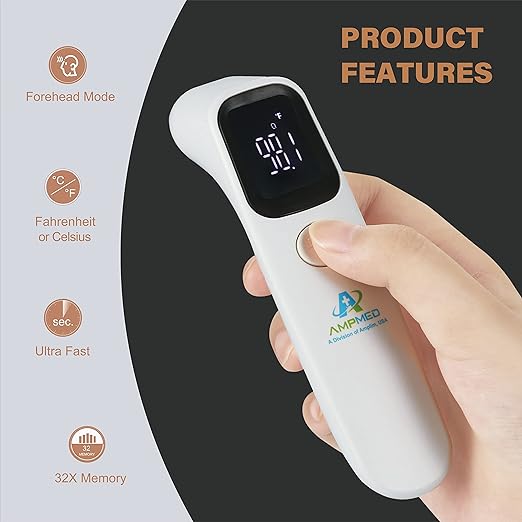 Amplim Forehead Thermometer | No-Touch, FDA-Cleared, Medical-Grade Infrared | 1-Second Read with Audible Fever Alert | Accurate Digital Infrared Thermometer for Adults, Kids, Baby