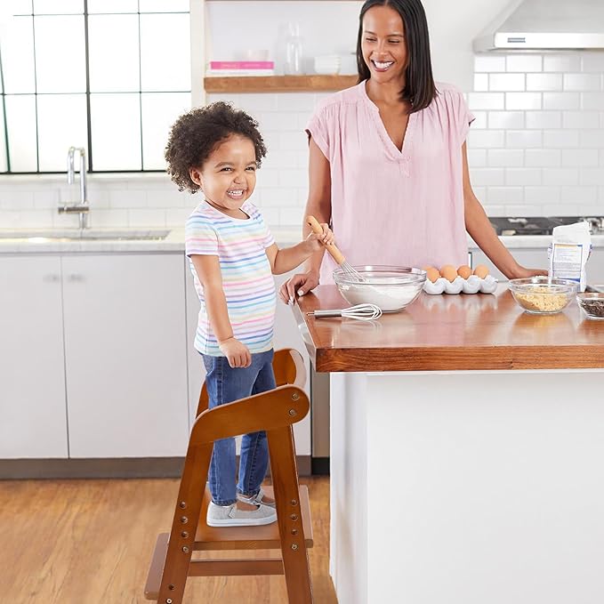 Wooden High Chair for Toddlers, Adjustable Dining Feeding Chair with Removable Cushion for Child, High Chair Grows with Your Kid with Steps for Kids Dining, Studying, Step Tool(Nut-Brown)