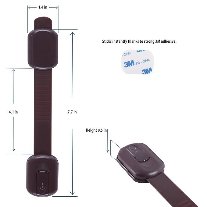 Child Safety Cabinet Locks (2 Pack) – Adjustable Baby Proofing Strap Latches with Strong 3M Adhesive – No Drill Childproof Locks for Drawers, Cabinets, Fridge, Door, Closet, Brown