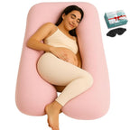 U-Shaped Pregnancy Pillow – 100% Cotton Cover, Full Body Maternity Support for Belly, Back and Legs – Bonus Eye Mask and Gift Box (Light Pink)