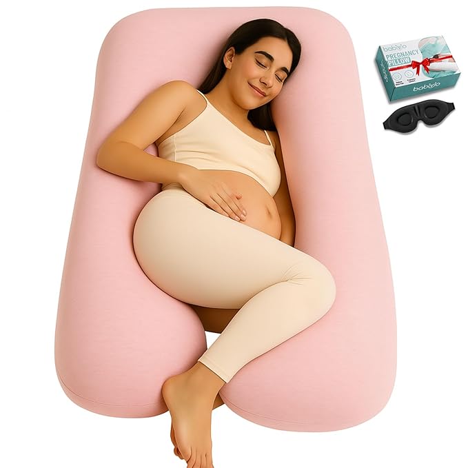 U-Shaped Pregnancy Pillow – 100% Cotton Cover, Full Body Maternity Support for Belly, Back and Legs – Bonus Eye Mask and Gift Box (Light Pink)
