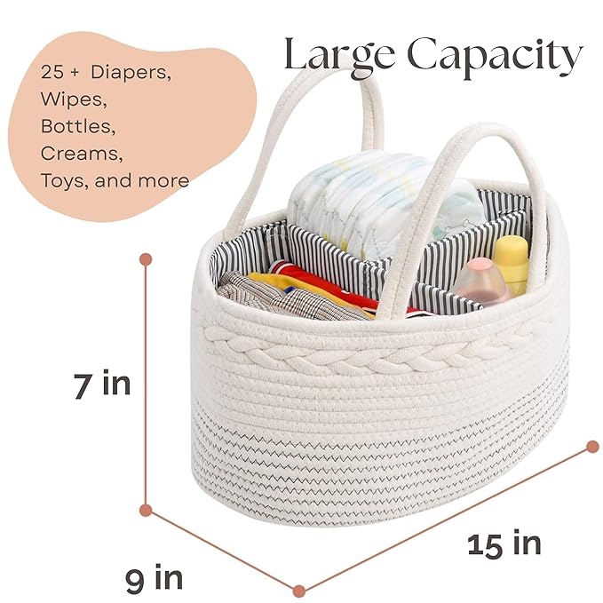 luxury little Diaper Caddy Organizer, Large Cotton Rope Nursery Baby Basket, Changing Table Organizer for Baby Diaper Storage, Portable Car Organizer with Removable Divider, Baby Shower Gifts - White