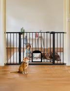 Babelio 36.5-57" Extra Wide Baby Gate with Cat Door,Auto Close&Two Way Swing,Pressure Mounted Dog Gates for Stairs,Doorways,Includes 4 Wall Cups and 3 Extension Pieces,Black