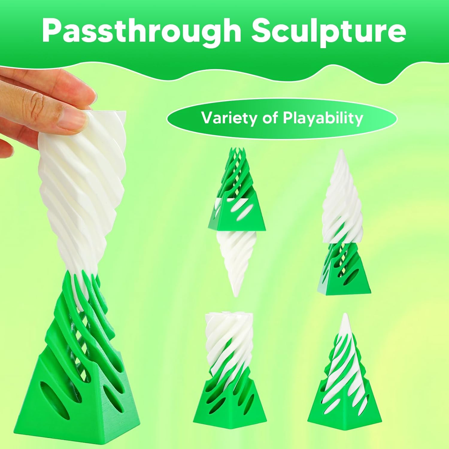 Impossible Pyramid Passthrough Sculpture, 3D Printed Spiral Cone Fidget Toys, Anxiety Relief Pass Through Pyramid Fidget Toy, Stress Relief Desk Toy Adults, Christmas, Birthday Gifts (Green White)