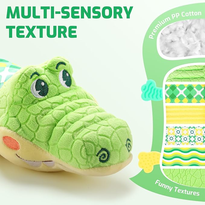 Sumobaby Baby Toys Musical Crocodile, Stuffed Animal Activity Soft Toys with Teether,Multi-Sensory Crinkle, Rattle and Textures, for Tummy Time Baby Toys 0 to 12 Months Boys, Girls, Alligator (Green)