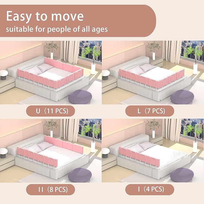 Bed Rail, Bed Rail for Toddlers, Kid, Adult, 78.7" Bed Side Rails for Full, Queen, King, Twin, Bunk, Dorm Beds to Prevent Falls, Bed Rails Can be Flexibly Combined, Easy Installation (Pink, 4 Packs)