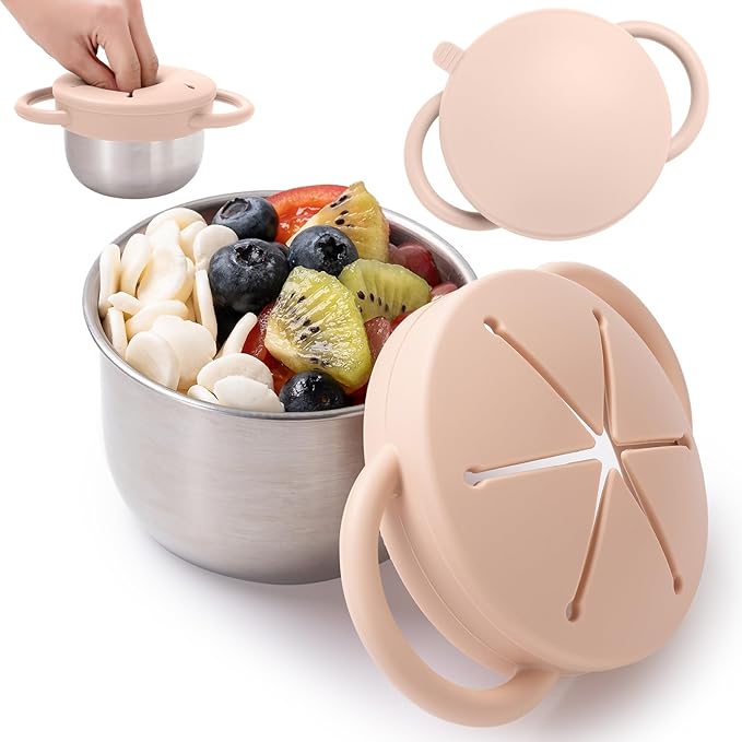 1 Pack Snack Containers for Toddlers, Stainless Steel Toddler Snack Cups with Silicone Food Catcher & Lids,Snack Cups for toddlers Spill Proof
