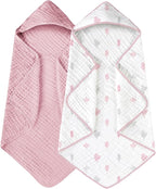 Yoofoss Hooded Baby Towels for Newborn 2 Pack 100% Muslin Organic Cotton Baby Bath Towel with Hood for Babies, Infant, Toddler and Kids, 32x32Inch, Soft and Absorbent Newborn Essential,Pink&Wh Leaf